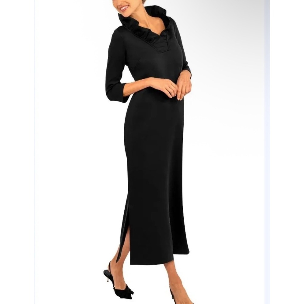 Gretchen Scott Ruffneck Maxi Dress XL Stand Up Collar Navy Blue Stretch Jersey